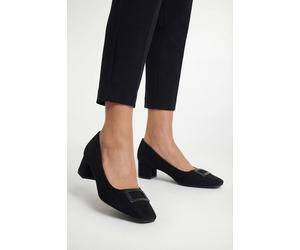 Wallis Women's Danny Faux Suede Square Toe Covered Buckle Medium Block Heel Court shoes in Natural Black | Size: 4 Wallis Natural Black 4