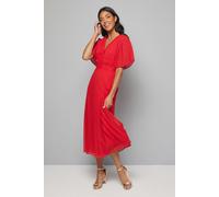 Wallis Women's Dobby Chiffon Pleated Sleeve Midi Dress in Red | Size: 10 Wallis Red 10
