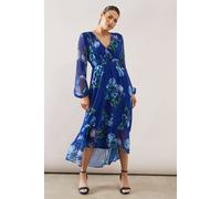 Wallis Women's Floral Elasticated Waist Chiffon Midi Dress in Blue | Size: 10 Wallis Blue 10