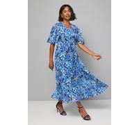 Wallis Floral Print Pleated Cape Sleeve Midi Dress, 14, Navy