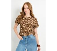 Wallis Women's Leopard Jersey Roll Sleeve Button T-Shirt in Brown | Size: 8 Wallis Brown 8