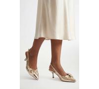 Wallis Women's Maggie Faux Metallic Leather Bow Detail Slingback Comfort Pointed Kitten Heel Court Shoes in Gold | Size: 4 Wallis Gold 4