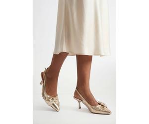 Wallis Women's Maggie Faux Metallic Leather Bow Detail Slingback Comfort Pointed Kitten Heel Court Shoes in Gold | Size: 4 Wallis Gold 4