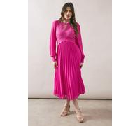 Wallis Women's Occasion Lace Insert Pleated Midi Dress in Magenta Pink | Size: 12 Wallis Magenta Pink 12