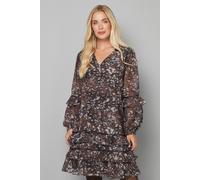 PETITE ABSTRACT PRINT EMBELLISHED RUFFLE SHIFT DRESS Wallis Chocolate 16