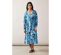 Petite Blue Abstract Drawstring Viscose Midi Dress Wallis Blue 14