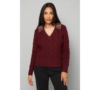 Wallis Women's Petite Cable Embellished Polo Collar Jumper in Plum | Size: Large Wallis Plum L