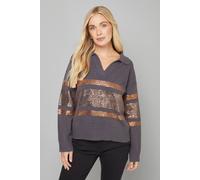 Wallis Women's Petite Charcoal Sequin Placement Polo Jumper | Size: Medium Wallis Charcoal M