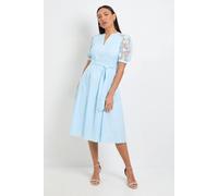 Wallis Women's Petite Cotton Lace Belted Midi Dress in Blue | Size: 16 Wallis Blue 16