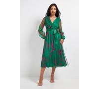 Wallis Women's Petite Floral Mesh Satin Tie Midi Dress in Green | Size: 10 Wallis Green 10