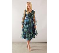 Wallis Women's Petite Floral Mesh Satin Tie Midi Dress in Navy | Size: 20 Wallis Navy 20