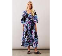 Wallis Petite Floral Ruched Waist Midaxi Tea Dress In Black black 16