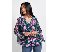 Wallis Women's Petite Floral Ruffle Detail Blouse in Green | Size: 12 Wallis Green 12