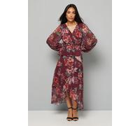 Wallis Women's Petite Floral Ruffle Peplum Midi Dress in Wine | Size: 10 Wallis Wine 10