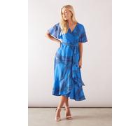 Petite Geo Ruffle Wrap Belted Chiffon Midi Dress Wallis Cornflower 12