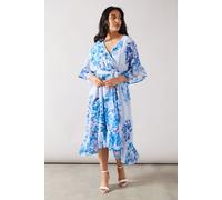 Petite Occasion Floral Belted Chiffon Midi Dress Wallis Blue 16