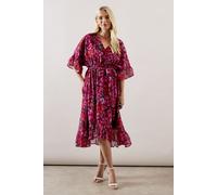 Petite Occasion Floral Belted Chiffon Midi Dress Wallis Pink 8