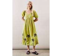 Wallis Women's Petite Palm Embroidered Textured Midi Dress in Olive | Size: 16 Wallis Olive 16