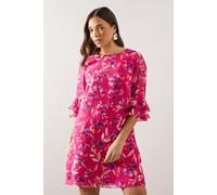 Petite Pink Watercolour Floral Ruffle Sleeve Shift Dress Wallis Pink 10