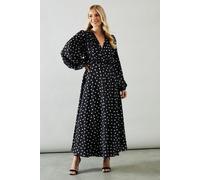 Petite Spot Print Wrap Chiffon Midaxi Dress Wallis Black 12