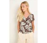 Wallis Women's Petite Tropical Jersey Print Bubble Hem V Neck Top in Chocolate | Size: 16 Wallis Chocolate 16