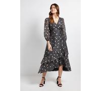 Wallis Women's Polka Dot Ruffle Wrap Midi Dress in Black | Size: 16 Wallis Black 16