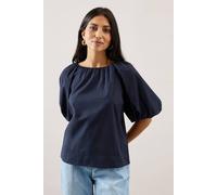 Wallis Women's Puff Sleeve Cotton Poplin Top in Navy | Size: 14 Wallis Navy 14