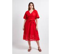 Wallis Women's Puff Sleeve Lace Trim Midi Dress in Red | Size: 14 Wallis Red 14