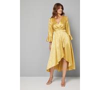 Wallis Women's Satin Jacquard Wrap Ruffle Dress in Mustard | Size: 12 Wallis Mustard 12