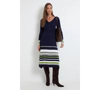 Wallis Stripe Detail V Neck Pleated Skirt Knitted Midi Dress In Navy navy