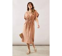 Wallis Women's Summer Linen Mix Drawstring Midi Dress in Mocha | Size: 16 Wallis Mocha 16