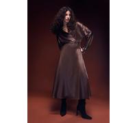 Wallis Women's Textured Satin Wrap Midi Dress in Chocolate | Size: 14 Wallis Chocolate 14