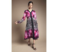 Wallis Women's Zip Front Animal Floral Border Chiffon Midi Dress in Pink | Size: 8 Wallis Pink 8