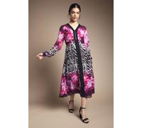 Wallis Zip Front Animal Floral Border Chiffon Midi Dress In Pink pink 8