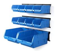 Wallmaster Wall Mounted Storage Bins, Wall Storage Bins Parts Rack 10 Bins&3 Rails Wall Mount Tool Organizer Hardware Storage Organizer (Blue)
