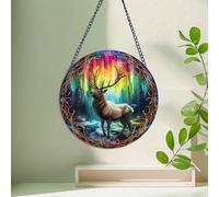 WALLMEII Elk Aurora Forest Stained Acrylic Window Hanging, Colourful Natural Landscape Acrylic Window Decor Hanging Ornaments Indoor Outdoor Garden Art Panel Gift for Women Mother's Day Christmas