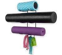 Wallniture Guru Wall Mount Yoga Mat Home Gym Equipment Resistance Bands and Foam Roller Holder with 3 Hooks 3 Sectional Metal Black
