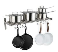 Wallniture Lyon Kitchen Organization and Storage Rack, Stainless Steel Metal Wall Shelf with 10 S Hooks for Hanging Pots and Pans, Chrome
