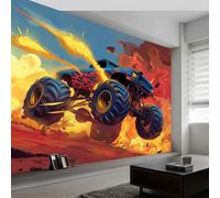 Wallpaper 158" x 110"/400 x 280 cm(WxH) Non-Woven 3D Bedroom for Living Room Children's Room TV Background Wall Decor, Blue Red Decorative Wall Paper with Cartoon Monster Truck Pattern