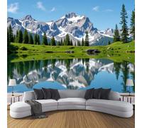 Wallpaper 200 x 140 cm -green Lake and mountains - Murals - Wall - Mural - Art Print Photo - 3D - Modern - Landscape illustrations- Photo Wallpaper - Bedroom Living Room Home Decoration Poster