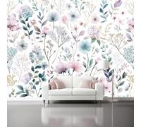 Wallpaper 200 x 140 cm Mural Watercolor Style Floral Pattern Fresh Wall Decals Baby Nursery Girls Bedroom Living Room Wall Decor Easy to Install Pink Blue