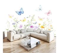 Wallpaper 200 x 140 cm Mural Wildflower Meadow and Butterflies Photo Wallpaper Bedroom Living Room Hallway Sofa Backdrop Wall Decor Green