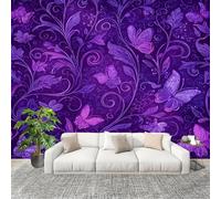 Wallpaper 200x140 cm Purple Non-Woven Art Wall Mural Fantasy Butterflies and Florals Wall Mural Wallpaper Decoration Poster Picture Design Modern for Living Room Kids Bedroom