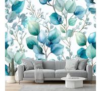 Wallpaper 250 x 175 cm Mural Blue Leaf Pattern Fresh Watercolor Wall Decals Baby Nursery Girls Bedroom Living Room Wall Decor Easy to Install Blue Green
