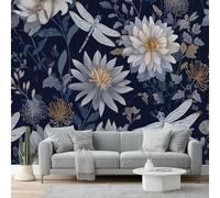 Wallpaper 250 x 175 cm Non-Woven Premium Art Print Lotus Dragonfly Dark Patterns 3D Wall Mural Decoration Poster Picture Patterned for Livingroom Bedroom Dark Blue Gold