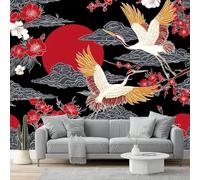 Wallpaper 350 x 256 cm Mural Crane Japanese Traditional Wall Decals Baby Nursery Girls Bedroom Living Room Wall Decor Easy to Install Red Black