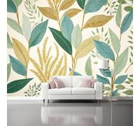 Wallpaper 350 x 256 cm Mural Plants Leaves Natural Wind Wall Decals Baby Nursery Girls Bedroom Living Room Wall Decor Easy to Install Gold Green