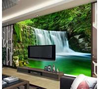 Wallpaper 3D Mural Green Forest Waterfall Stone Photo Mural Home Decor for Living Room and Bedroom -songqians-09178-400cmx260cm