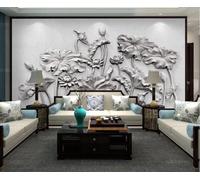 Wallpaper 3D Mural Relief of Black White Lotus Flowers Photo Mural Home Decor for Living Room and Bedroom -songqians-07099-400cmx260cm