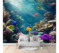 Wallpaper 3D Panoramic Photo Mural, Underwater World Coral Reef Fish 300 x 210 cm Blue 3D Effect Poster Decoration for Bedroom Living Room Corridor